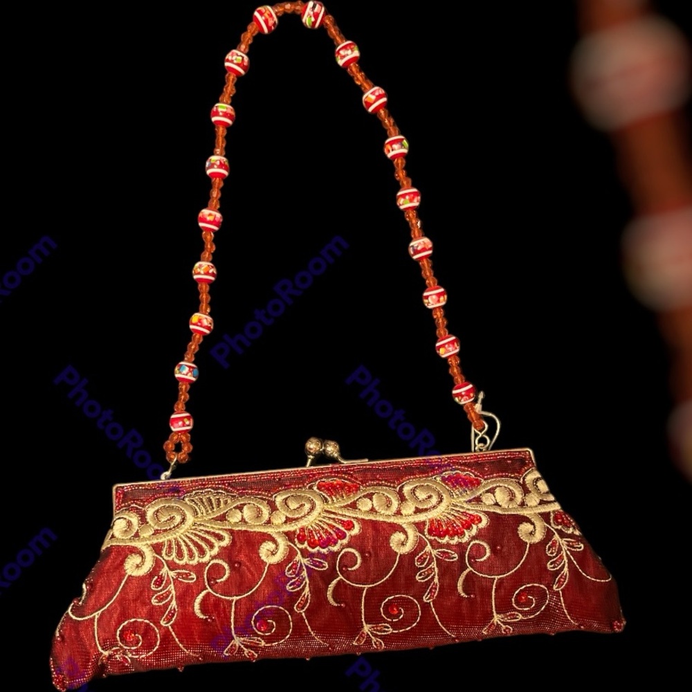 Red Beaded Evening Bag with Gold Embroidery